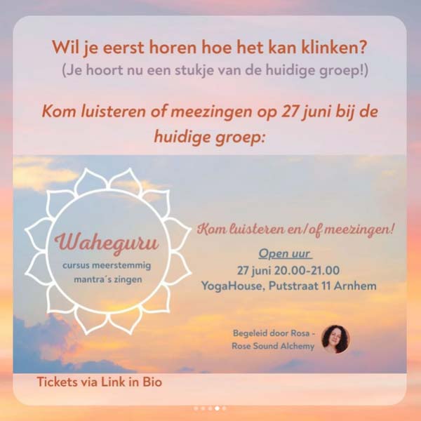 Workshop. Waheguru cursus meerstemmig mantra zingen. Flyer 2. Yogahouse in Arnhem.